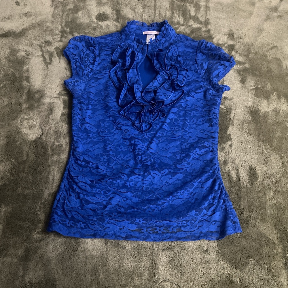 Blue Lace Top with Ruffled Collar